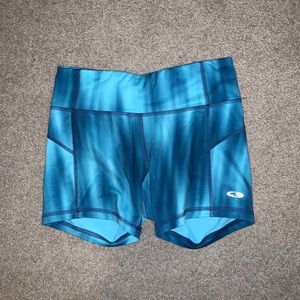 blue spandex shorts, mid-waisted